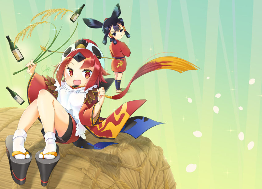 2girls, apron, benienma_(fate), black_eyes, black_footwear, black_hair, bottle, cherry_blossoms