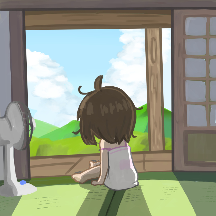 1girl, ahoge, blue_sky, clouds, day, disheveled, fan, from_behind