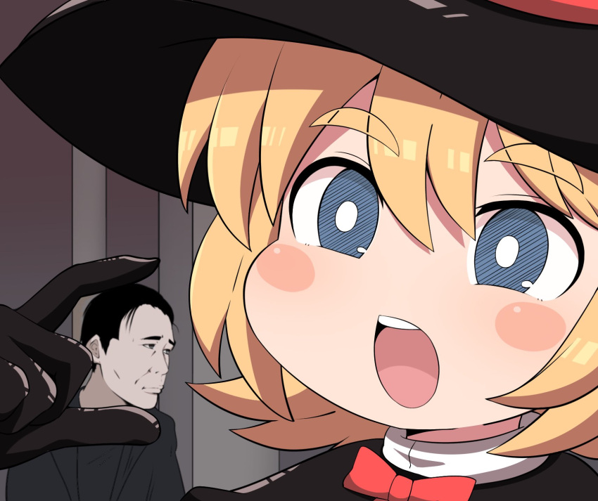 1boy, 1girl, bangs, black_capelet, black_gloves, black_hair, black_headwear, blonde_hair
