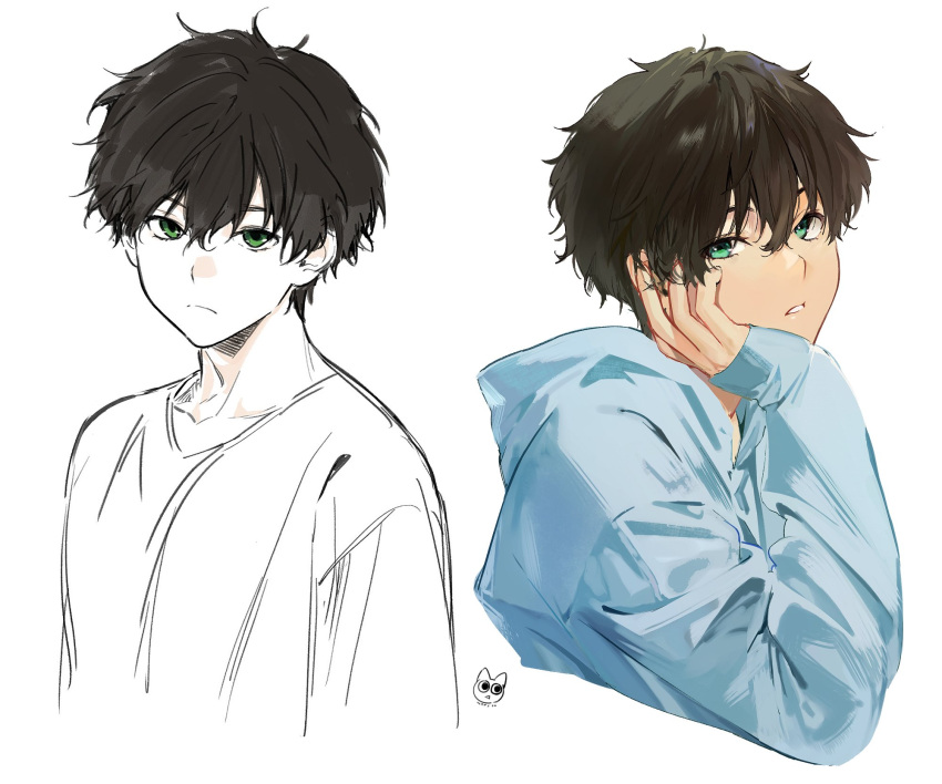 artist_logo, bangs, bnags, brown_hair, collarbone, cropped_torso, frown, hair_between_eyes, hand_on_own_cheek, hand_on_own_face, hand_up, highres, hood, hood_down, hoodie, hyouka, long_sleeves, mery_(yangmalgage), multiple_views, oreki_houtarou, parted_lips, shirt, short_hair, simple_background, sleeves_past_wrists, upper_body, white_background