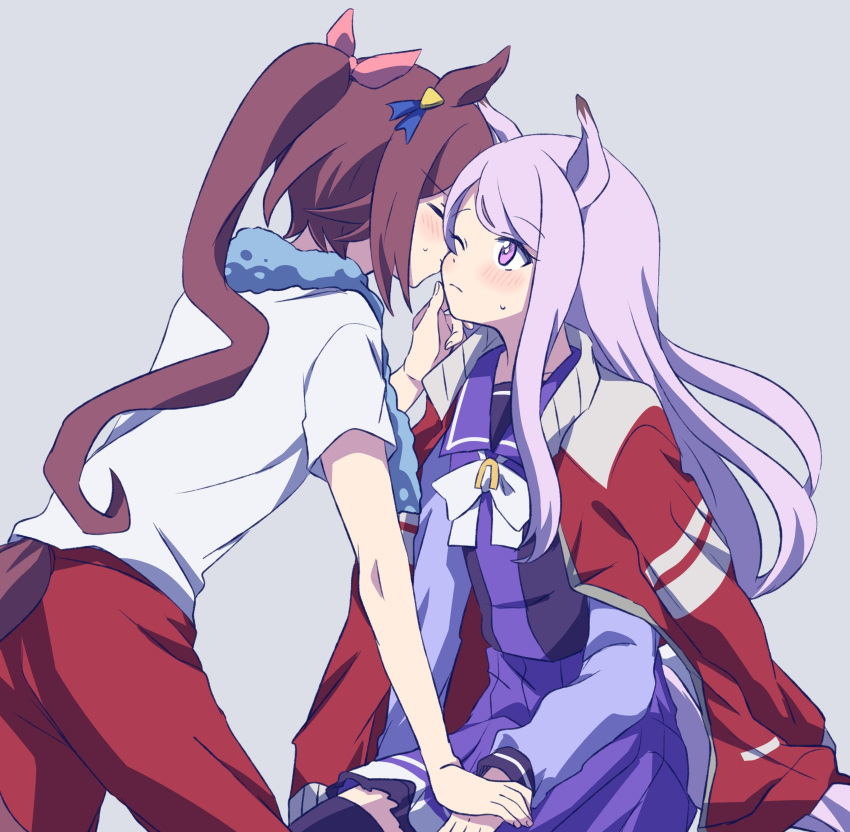 absurdres, animal_ears, brown_hair, cheek_kiss, grey_background, highres, horse_ears, horse_gil
