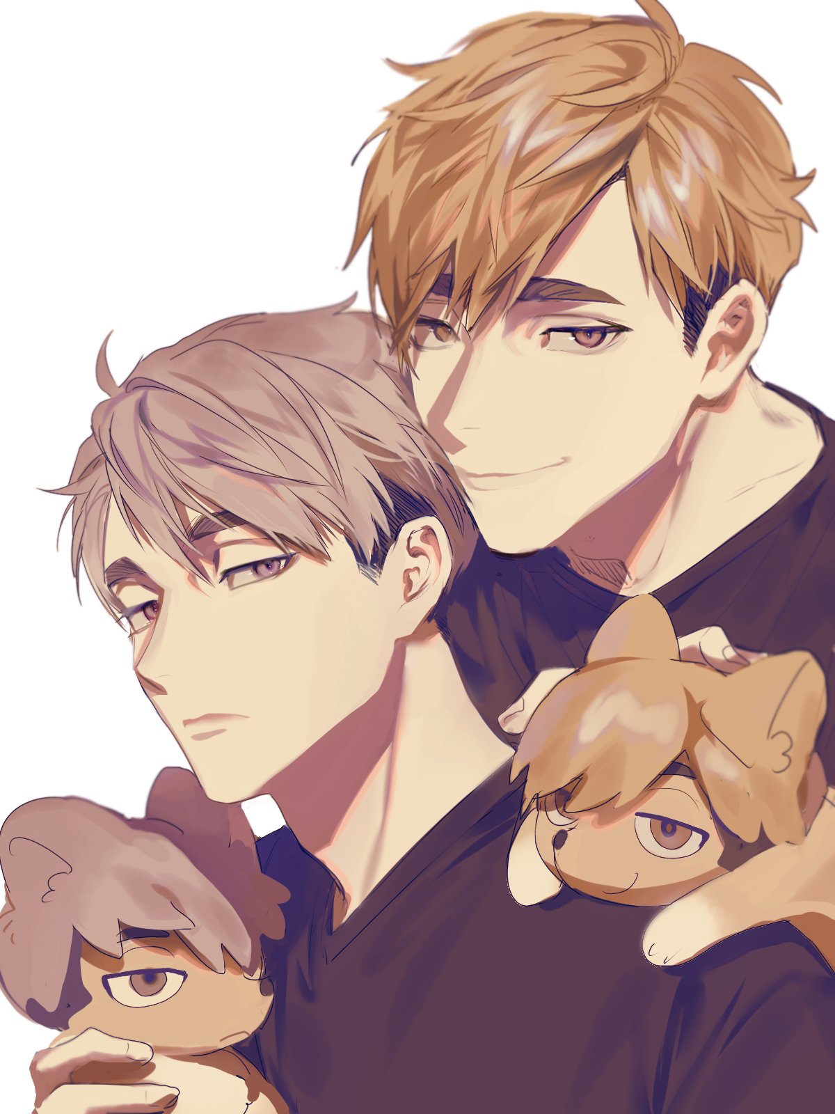 2boys, animal_ears, animalization, black_shirt, blonde_hair, brothers, expressionless, eyebrows