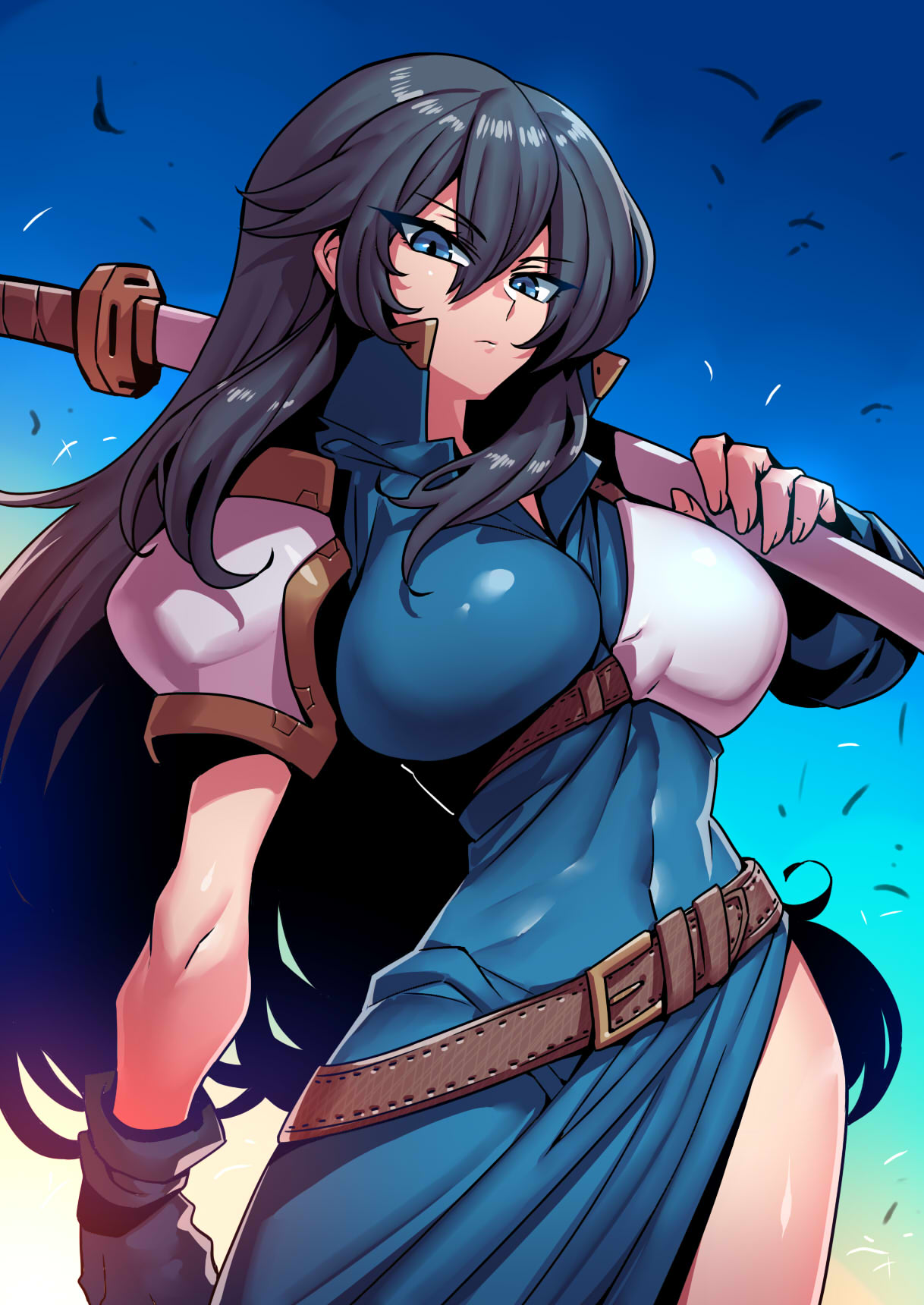 1girl, armor, ayra_(fire_emblem), bangs, belt, belt_buckle, black_hair, blue_eyes