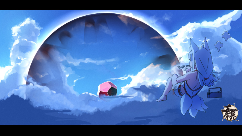 1girl, animal_ears, bare_shoulders, barefoot, belt, clouds, commentary_request, crossed_legs