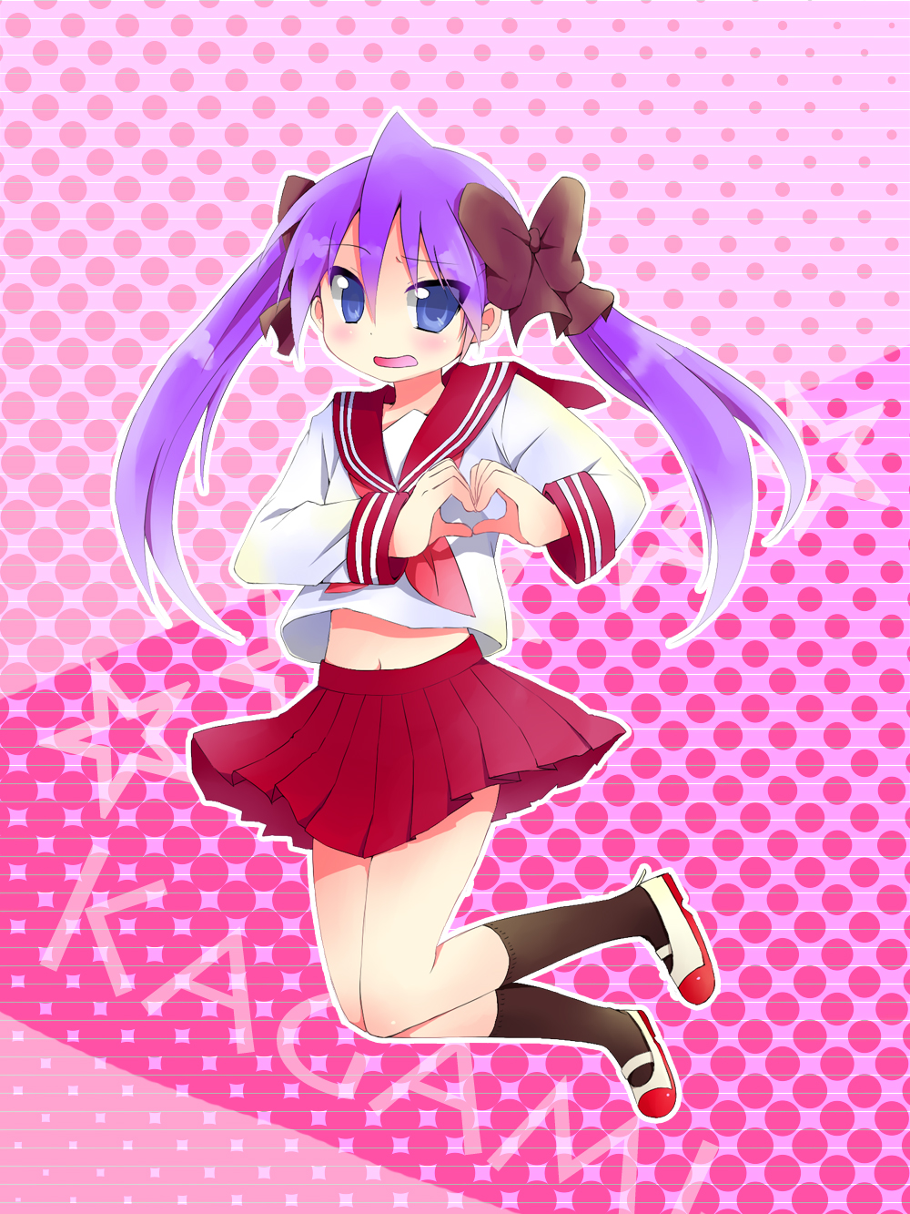 blue_eyes, blush, embarrassed, hair_ribbon, heart, heart_hands, highres, hiiragi_kagami