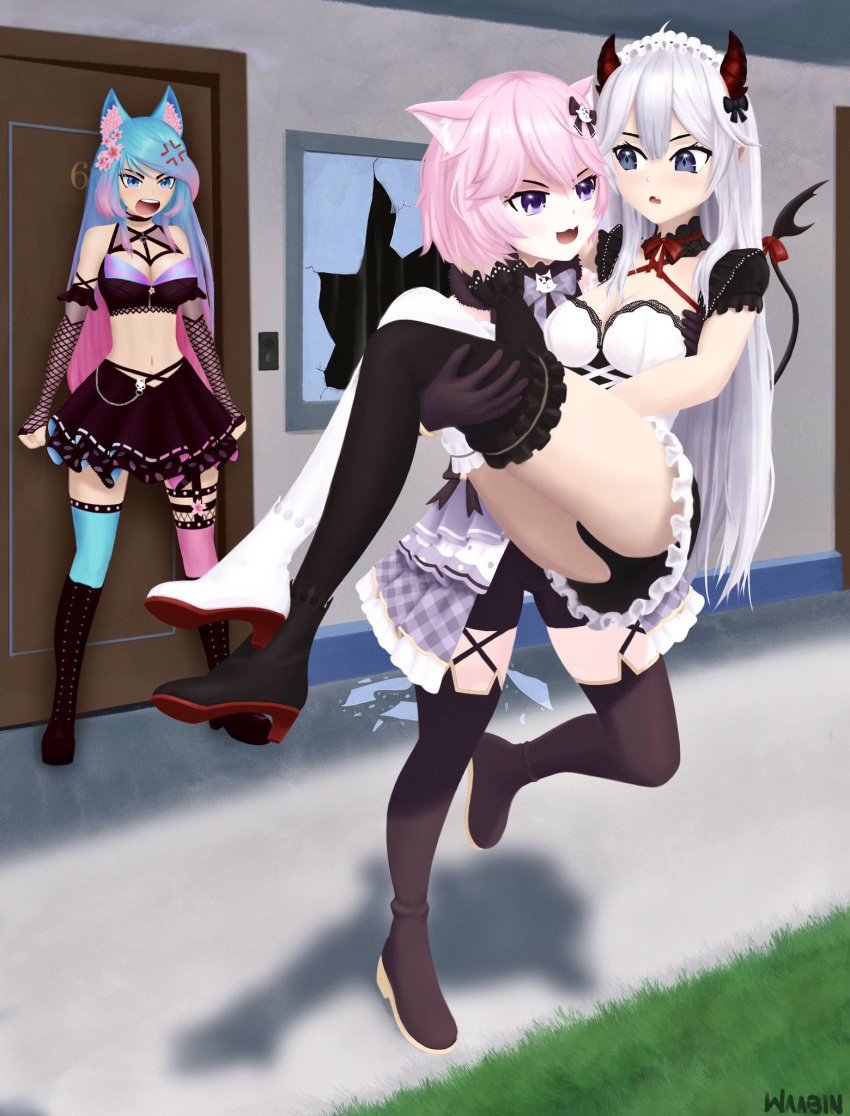 3girls, anger_vein, animal_ears, annoyed, apron, broken_glass, broken_window, carrying, cat_ears, demon_girl, demon_horns, demon_tail, fox_girl, glass, highres, horns, maid_apron, maid_headdress, multiple_girls, nyatasha_nyanners, princess_carry, silvervale, tail, thigh-highs, vei_(vtuber), virtual_youtuber, vshojo, waabins