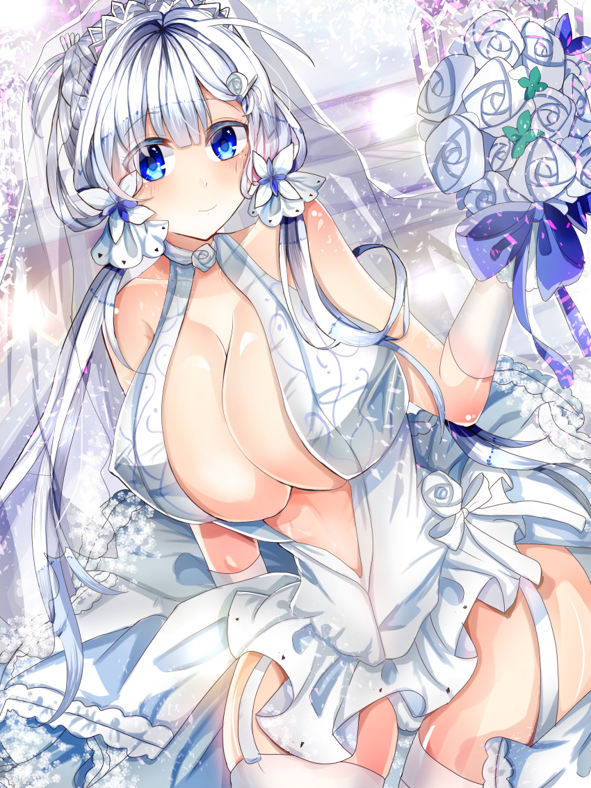 1girl, absurdres, azur_lane, bare_shoulders, blue_eyes, bouquet, breasts, bridal_veil