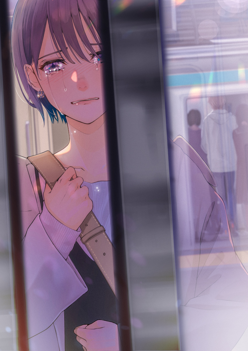 1girl, absurdres, bag, bangs, blush, clenched_teeth, closing_door, crying