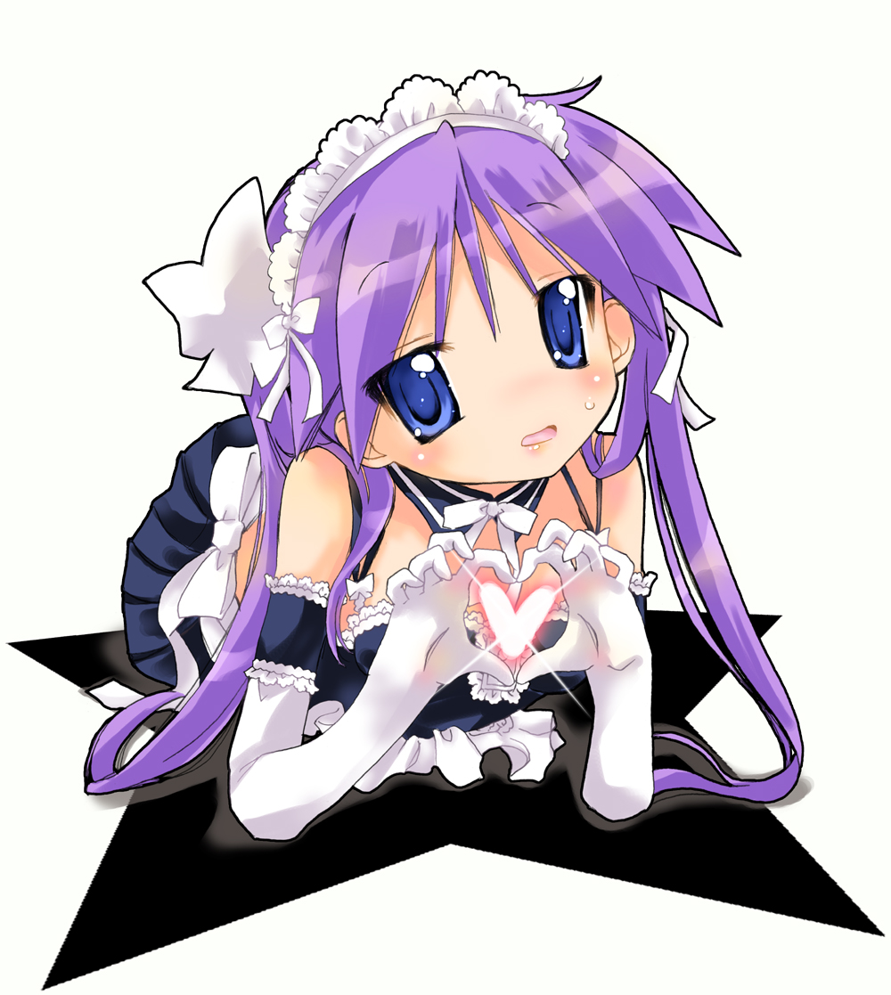 alternate_costume, blue_hair, elbow_gloves, enmaided, gloves, heart, heart_hands, hiiragi_kagami