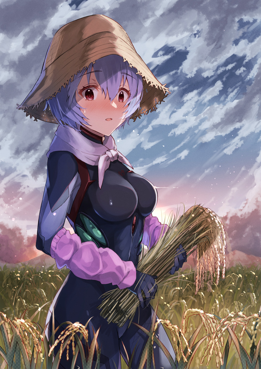 1girl, absurdres, arm_warmers, ayanami_rei, bangs, black_bodysuit, blue_hair, blush