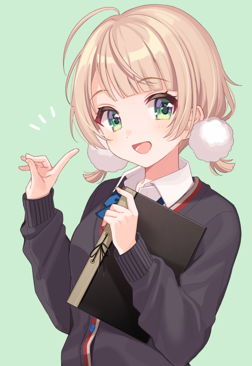 1girl, ahoge, bangs, blonde_hair, blush, bow, buttons, collared_shirt, eyebrows_visible_through_hair, green_background, green_eyes, hair_pom_pom, highres, holding, holding_folder, indie_virtual_youtuber, looking_at_viewer, open_mouth, shigure_ui, shigure_ui_(vtuber), shirt, short_ponytail, simple_background, solo, upper_body, virtual_youtuber