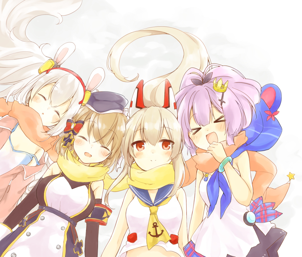 >_<, 4girls, :d, ^_^, ^o^, anchor_symbol, animal_ears, ayanami_(azur_lane)