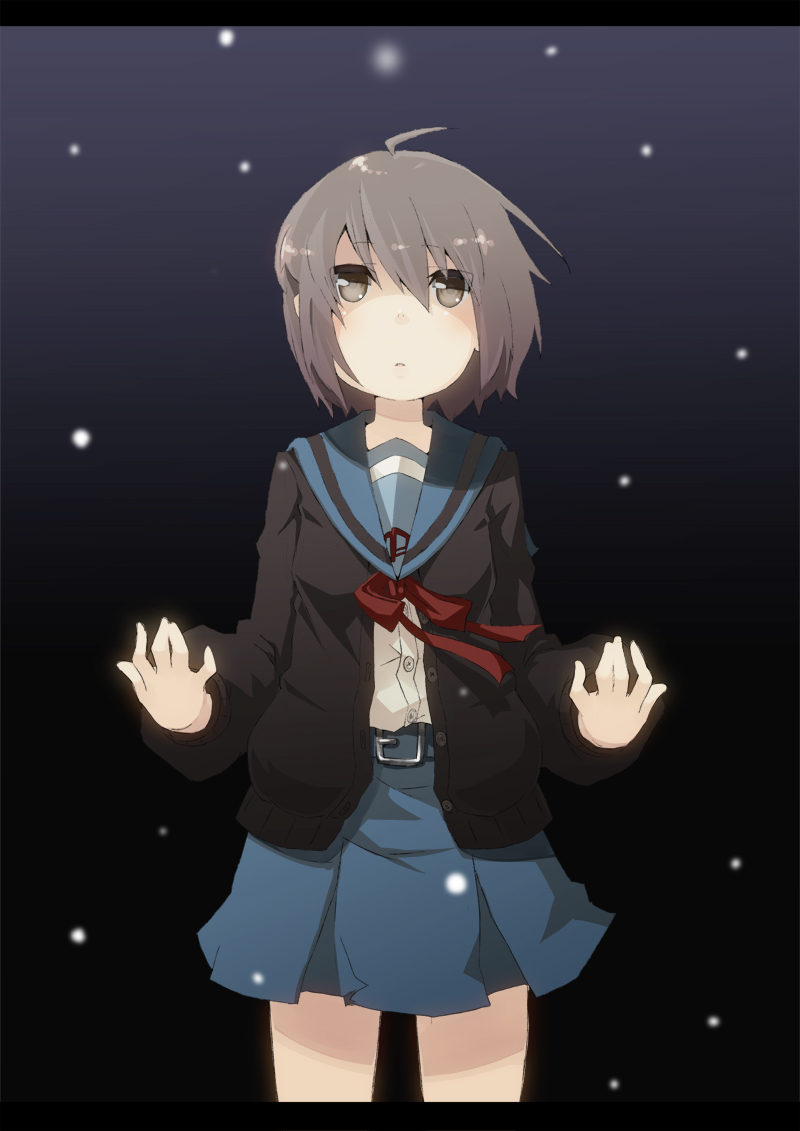 brown_eyes, cardigan, grey_hair, looking_up, nagato_yuki, nagato_yuki_(shoushitsu), rothe, school_uniform