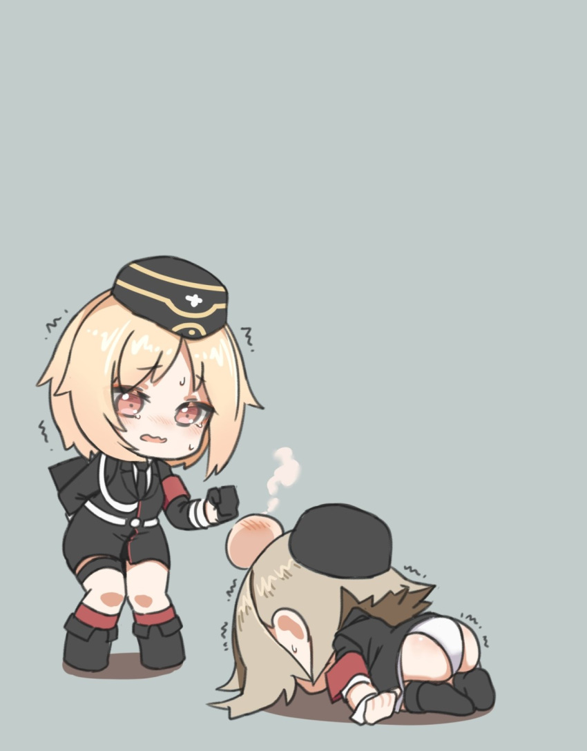 2girls, armband, blonde_hair, blush, boots, chibi, embarrassed, full_moon