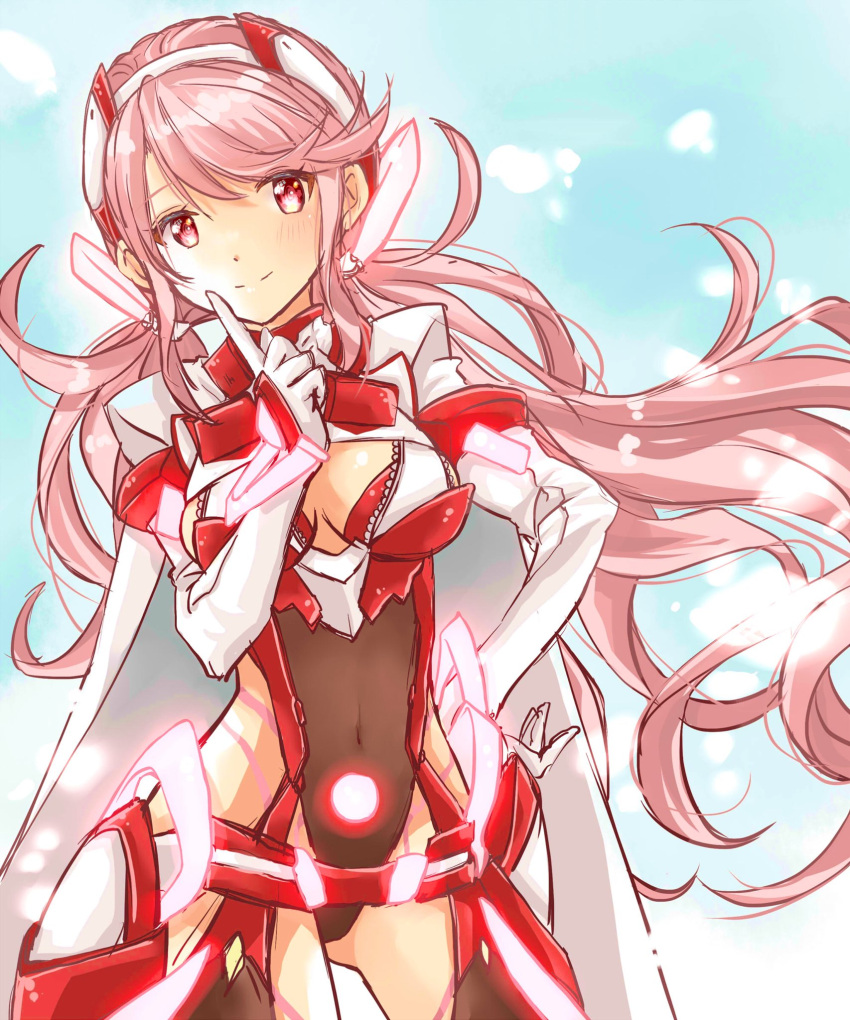1girl, breasts, cowboy_shot, finger_to_cheek, gloves, highres, leotard, long_hair