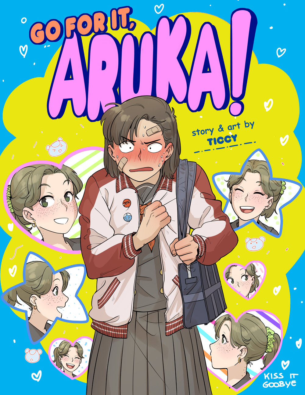2girls, artist_name, aruka_(kiss_it_goodbye), bag, bandaid, bandaid_on_face, black_serafuku, blush, cover, cover_page, earrings, english_text, freckles, ganbare!_nakamura-kun!!, highres, jacket, jersey, jewelry, kiss_it_goodbye, manga_cover, multiple_girls, parody, school_bag, school_uniform, serafuku, smile, ticcy, yukimi_(kiss_it_goodbye), yuri