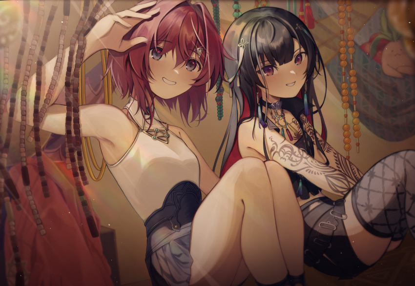 2girls, absurdres, amanai_daisy, ange_katrina, arm_tattoo, beads, black_camisole, black_choker