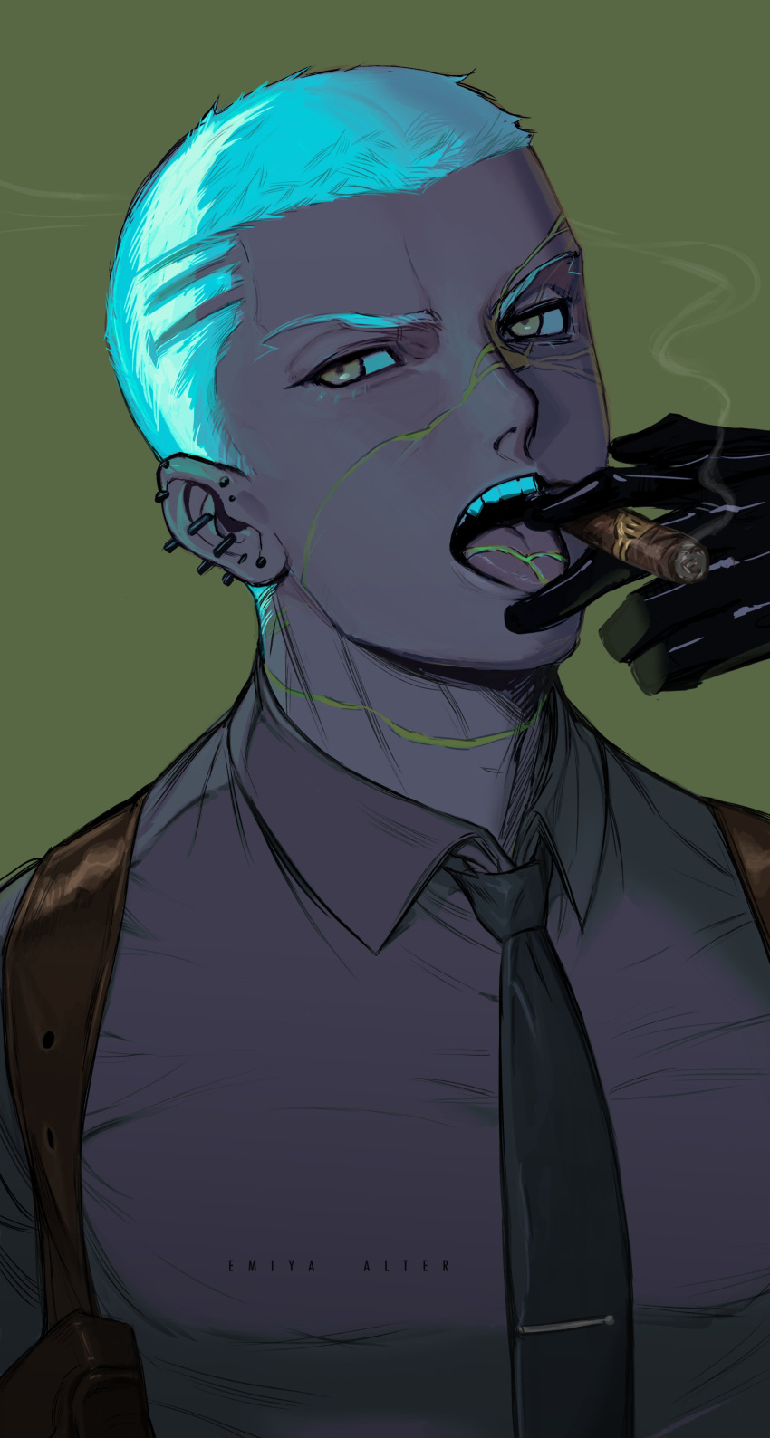 1boy, absurdres, alternate_hair_color, aqua_hair, baragi, between_fingers, black_gloves, black_neckwear, brown_eyes, character_name, cigar, collared_shirt, commentary_request, dark_skin, dark_skinned_male, ear_piercing, emiya_alter, fate/grand_order, fate_(series), gloves, green_background, grey_shirt, heroic_spirit_formal_dress, highres, holding, holding_cigar, holster, looking_to_the_side, male_focus, necktie, official_alternate_costume, open_mouth, piercing, shirt, short_hair, shoulder_holster, sideways_glance, simple_background, smoke, solo, tie_clip, tongue, upper_body, very_short_hair