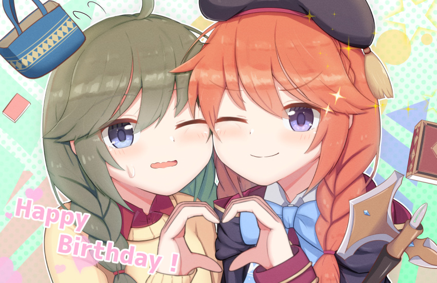 2girls, 9magitune, ;), ahoge, axe, bag, bangs, beret