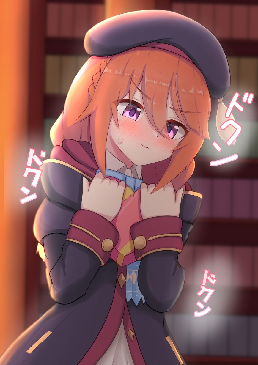 1girl, 9magitune, beret, black_coat, black_headwear, blurry, blurry_background, blush