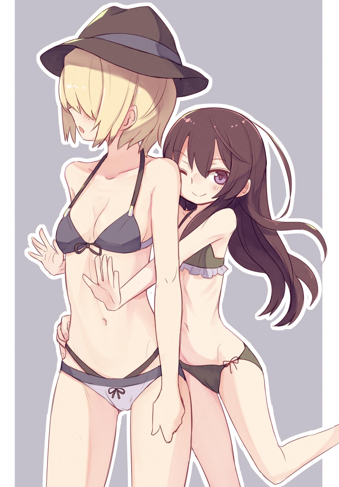 2girls, alice_margatroid, alternate_costume, bangs, bikini, blonde_hair, blue_bikini, blush