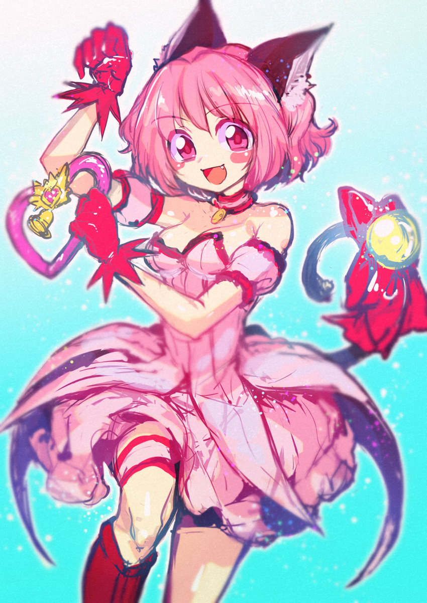 1girl, :d, absurdres, animal_ears, blue_background, boots, breasts, cat_ears