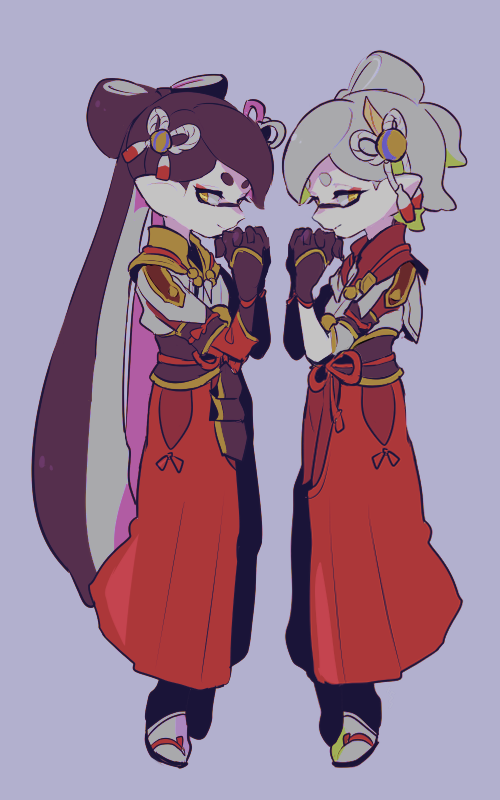 2girls, black_gloves, callie_(splatoon), cosplay, gloves, hair_ornament, hands_together, hinoa, hinoa_(cosplay), imaikuy0, looking_at_viewer, marie_(splatoon), minoto, minoto_(cosplay), monster_hunter_(series), monster_hunter_rise, multiple_girls, pointy_ears, simple_background, splatoon_(series), splatoon_1, tentacle_hair, yellow_eyes