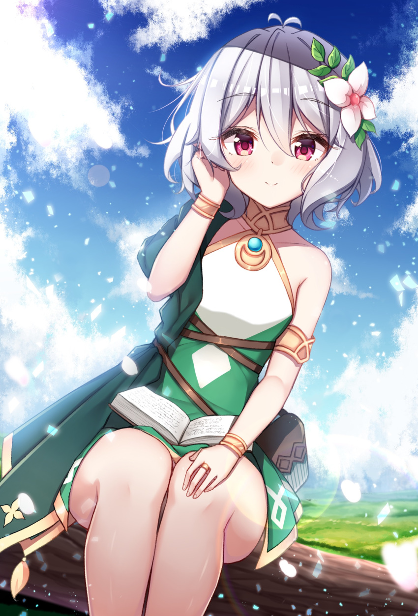 1girl, absurdres, bare_shoulders, eyebrows_visible_through_hair, flower, hair_flower, hair_ornament, highres