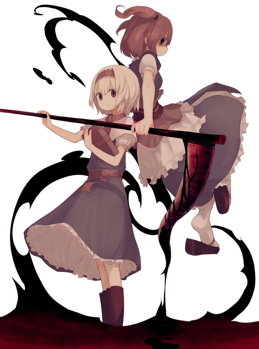 2girls, alice_margatroid, bangs, black_footwear, blonde_hair, blue_dress, blue_kimono, book