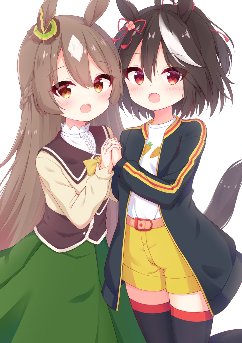 2girls, animal_ears, black_hair, brown_eyes, brown_hair, hair_between_eyes, highres, holding_hands