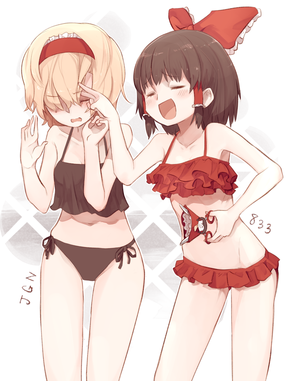 2girls, 833_(cookie), alice_margatroid, bangs, bikini, black_bikini, blonde_hair, blush, bow, brown_hair, character_name, closed_eyes, commentary_request, cookie_(touhou), cowboy_shot, eyebrows_visible_through_hair, frilled_bikini, frilled_bow, frilled_hairband, frills, hair_bow, hair_over_eyes, hairband, hakurei_reimu, highres, holding, holding_scissors, jigen_(cookie), looking_at_another, midriff, miyako_(naotsugu), multiple_girls, navel, open_mouth, red_bikini, red_bow, red_hairband, scissors, short_hair, swimsuit, touhou
