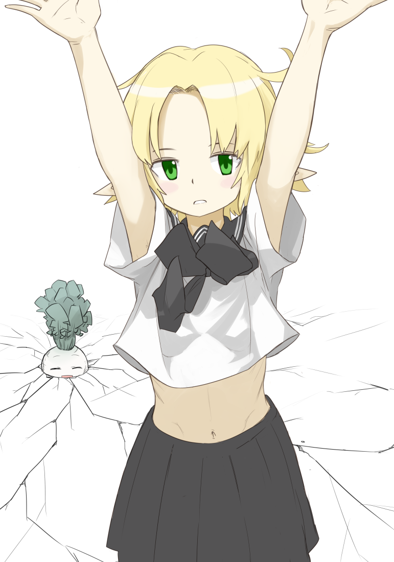 1girl, alternate_costume, arms_up, bangs, black_neckwear, black_skirt, blonde_hair, blush