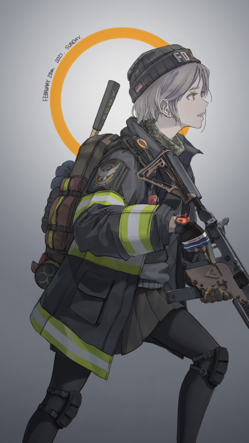 absurdres, agent_vector_(girls_frontline), american_flag, axe, backpack, bag, beanie, biohazard_symbol