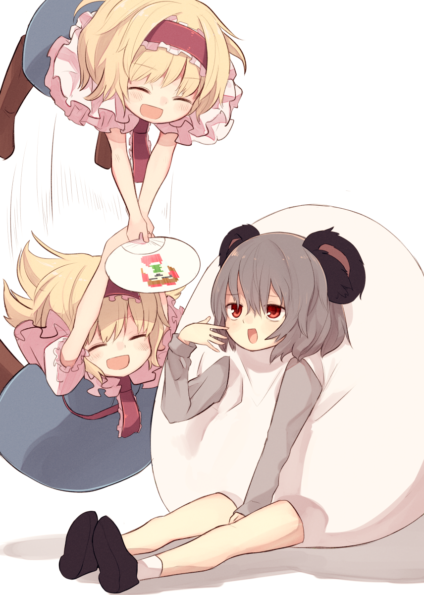2girls, alice_margatroid, animal_ears, bangs, black_footwear, blonde_hair, blue_dress, boots