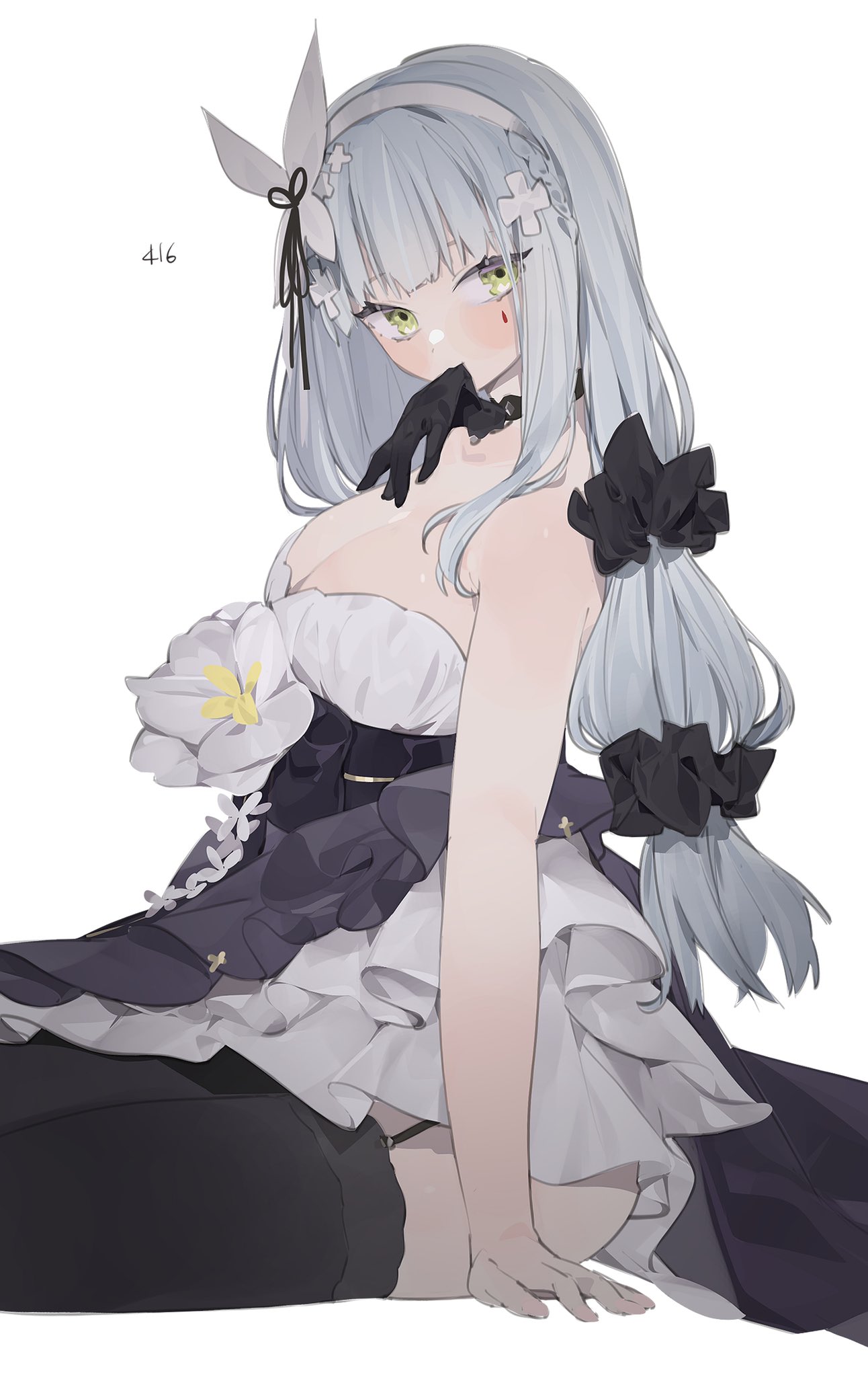 1boy, 416_day, bangs, bare_shoulders, black_gloves, black_legwear, blunt_bangs, cross_hair_ornament