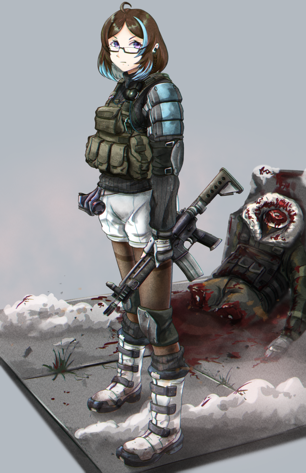 1girl, ahoge, assault_rifle, black-framed_eyewear, black_legwear, blood, blue_hair, boots, brown_hair, bulletproof_vest, corpse, full_body, glasses, gloves, gun, haonfest_art, highres, knee_pads, lr-300, multicolored_hair, original, pantyhose, rifle, semi-rimless_eyewear, short_shorts, shorts, standing, streaked_hair, tactical_clothes, under-rim_eyewear, violet_eyes, weapon, white_footwear, white_gloves, white_shorts
