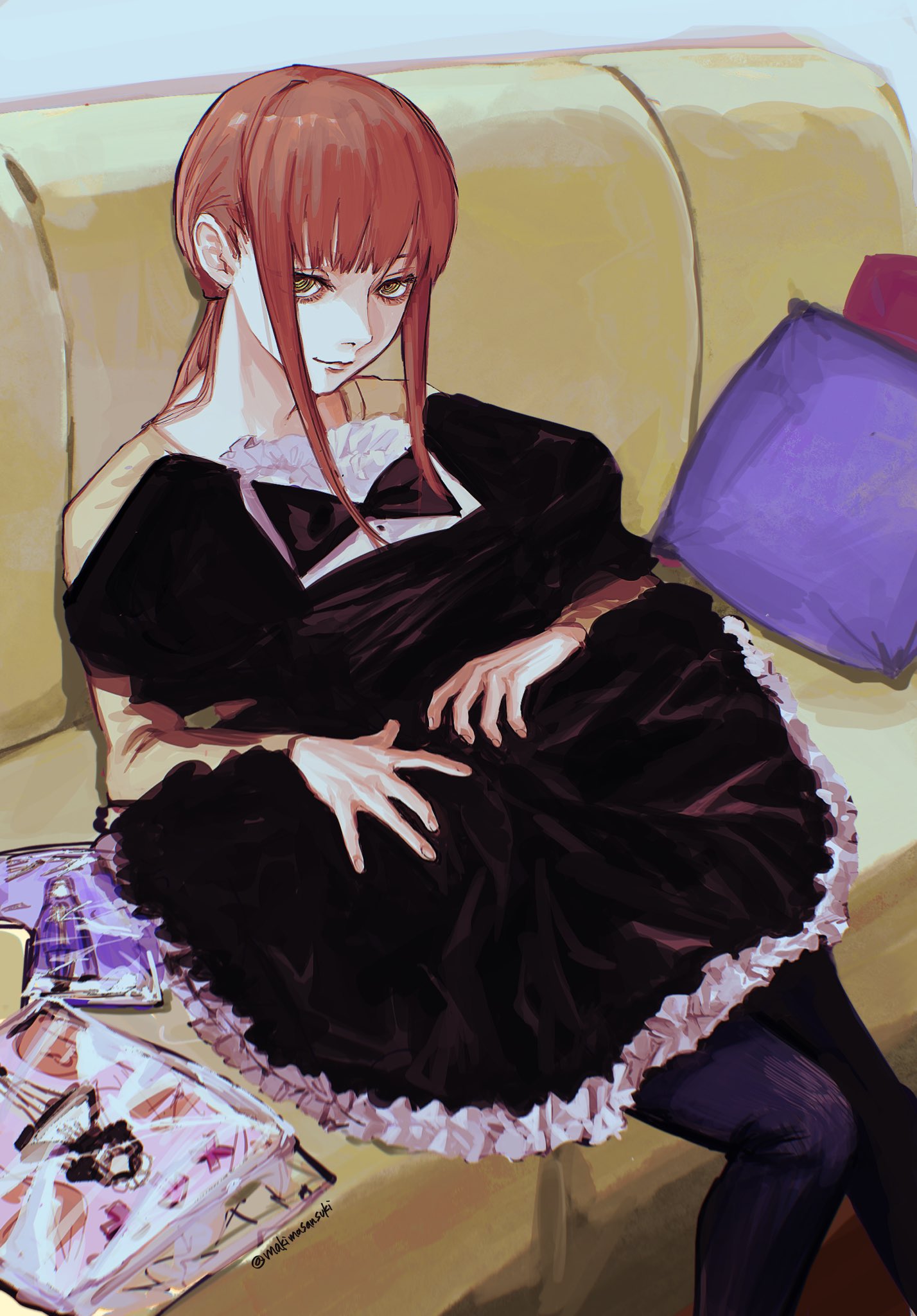 1girl, black_dress, black_pants, blue_background, chainsaw_man, closed_mouth, commentary, couch, dress, eyelashes, gothic_lolita, highres, holding, holding_clothes, holding_dress, indoors, lolita_fashion, looking_at_viewer, makima_(chainsaw_man), makimasansuki, medium_hair, pants, pillow, ponytail, redhead, ringed_eyes, shirt, sidelocks, simple_background, sitting, smile, solo, t-shirt, twitter_username, yellow_eyes, yellow_shirt