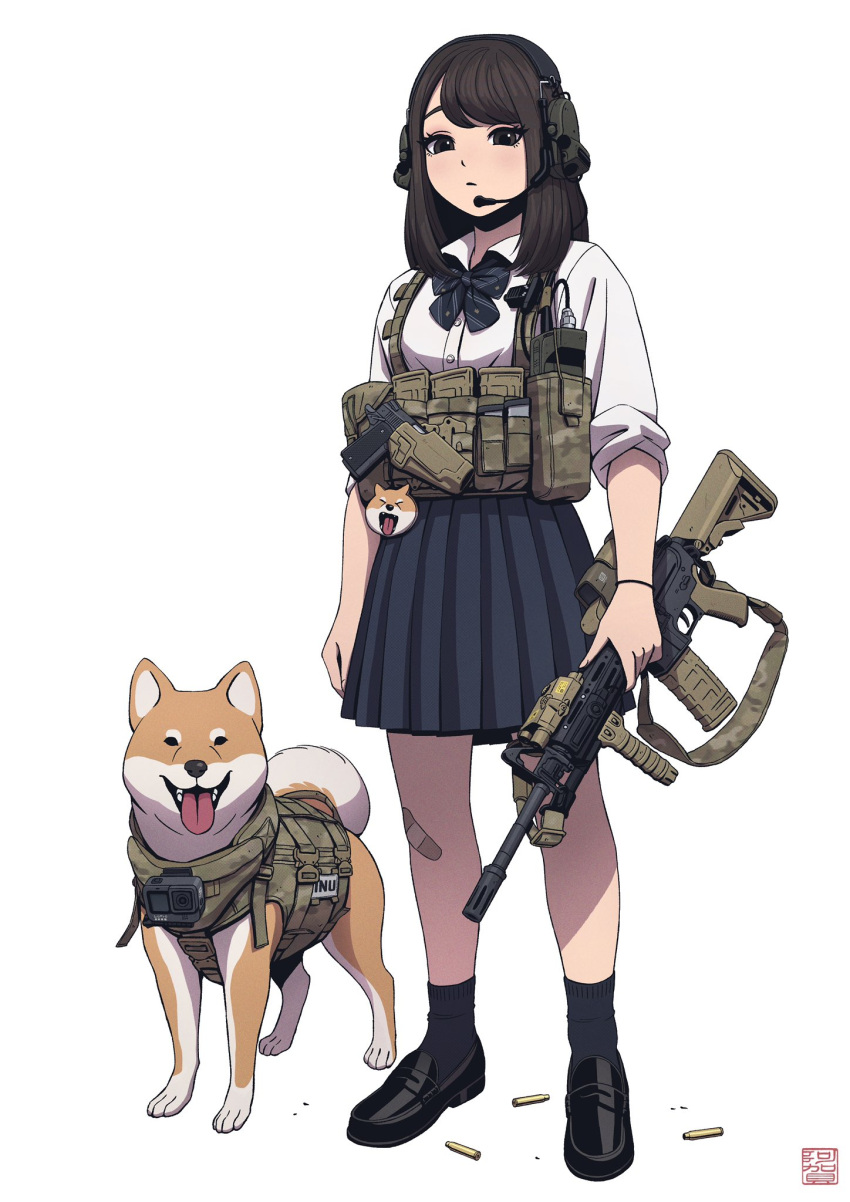 1girl, agavoart, assault_rifle, black_eyes, black_footwear, black_legwear, black_neckwear, black_skirt, bow, bowtie, brown_hair, collared_shirt, dog, full_body, gun, handgun, highres, holding, holding_gun, holding_weapon, long_hair, m1911, m4_carbine, open_mouth, original, pleated_skirt, rifle, shadow, shiba_inu, shirt, shoes, simple_background, skirt, socks, solo, standing, tongue, weapon, white_background, white_shirt