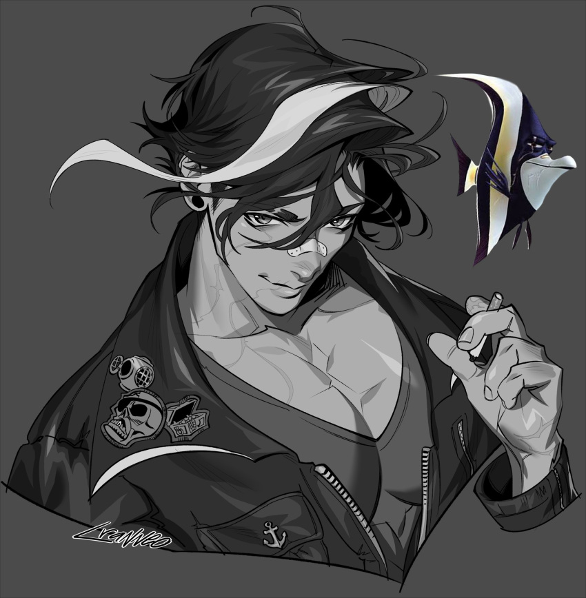 1boy, anchor_symbol, artist_name, bandaid, bandaid_on_nose, between_fingers, cigarette, closed_mouth, collared_jacket, commentary, cranneo, cropped_shoulders, ear_piercing, english_commentary, eyebrows_visible_through_hair, finding_nemo, fingernails, fish, floating_hair, gill_(finding_nemo), greyscale, highres, holding, holding_cigarette, jacket, looking_at_viewer, male_focus, missing_finger, monochrome, multicolored_hair, patch, pectorals, personification, piercing, plug_(piercing), portrait, reference_photo_inset, scar, scar_across_eye, scar_on_face, shirt, short_hair, smirk, solo, streaked_hair, two-tone_hair, v-neck, zipper