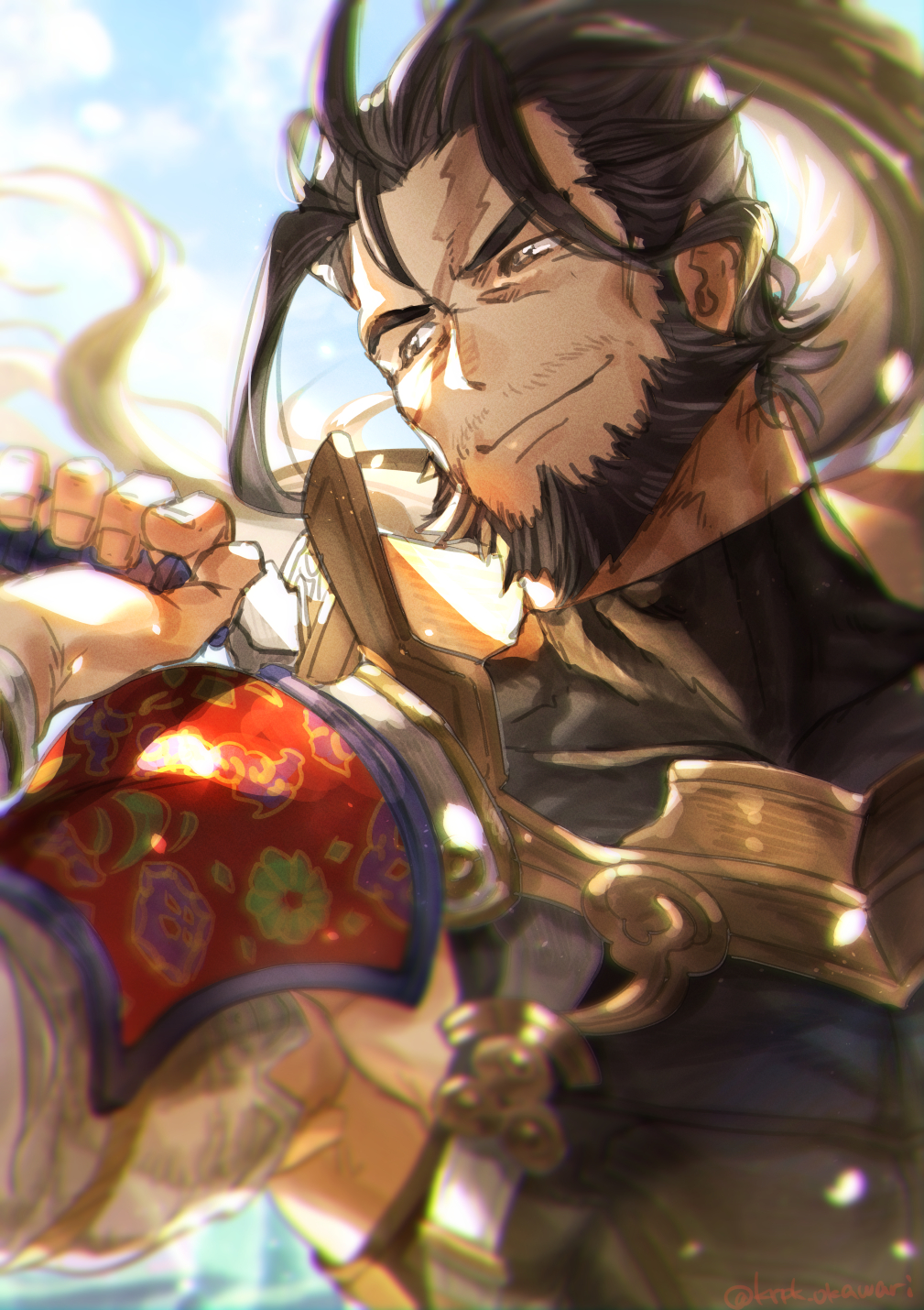 1boy, armor, beard, blurry, brown_eyes, brown_hair, closed_mouth, commentary_request, depth_of_field, facial_hair, fingernails, floating_hair, granblue_fantasy, high_ponytail, highres, holding, holding_weapon, jin_(granblue_fantasy), karipaku, long_hair, looking_to_the_side, male_focus, over_shoulder, ponytail, scar, scar_on_face, shoulder_armor, smile, solo, weapon, weapon_over_shoulder