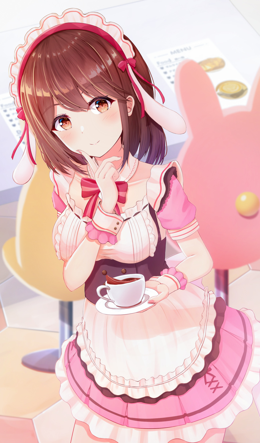 1girl, absurdres, brown_eyes, brown_hair, coffee_cup, cup, disposable_cup, eyebrows_visible_through_hair