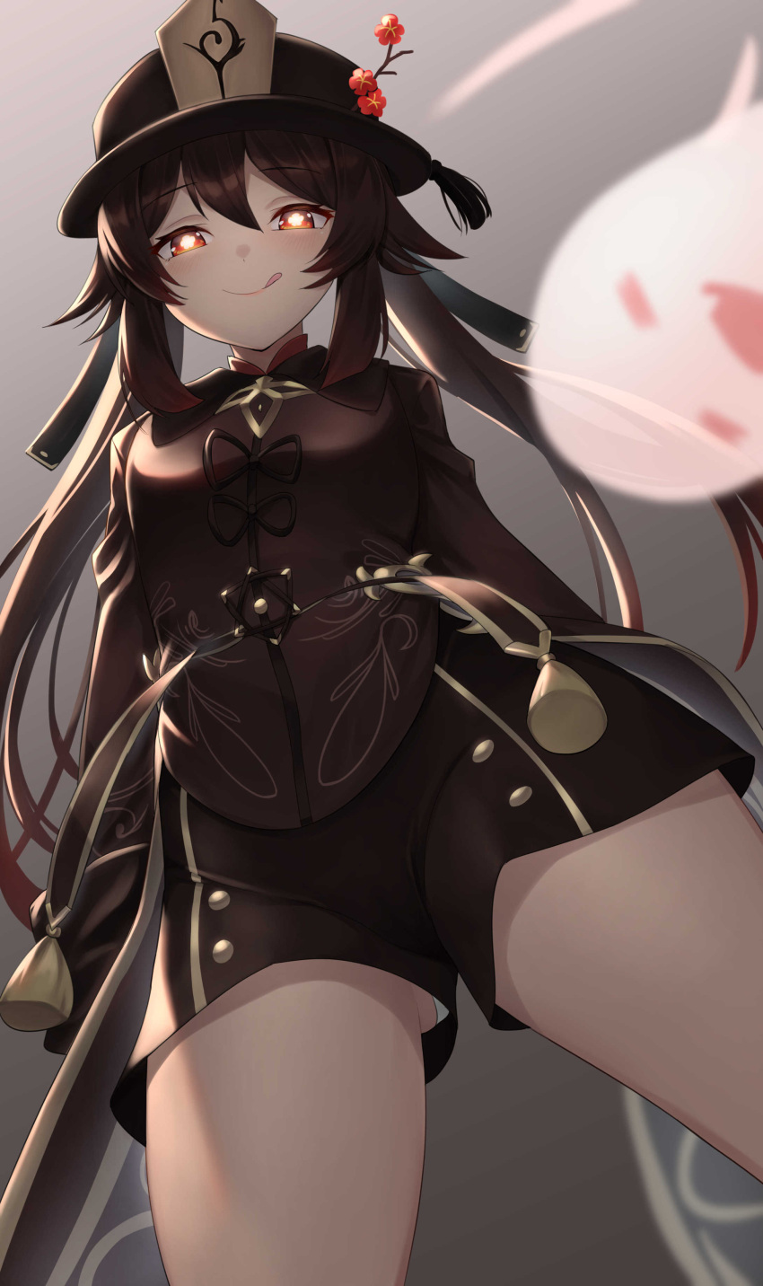1girl, :q, absurdres, black_hair, black_headwear, black_shorts, brown_shirt, closed_mouth, collared_shirt, cowboy_shot, flower, flower-shaped_pupils, from_below, genshin_impact, ghost, gold_trim, gradient, gradient_background, half-closed_eyes, hat, hat_flower, highres, hu_tao, lo_xueming, long_hair, long_sleeves, looking_at_viewer, looking_down, naughty_face, plum_blossoms, red_eyes, shirt, short_shorts, shorts, smile, solo, standing, tailcoat, thighs, tongue, tongue_out, twintails, upshorts