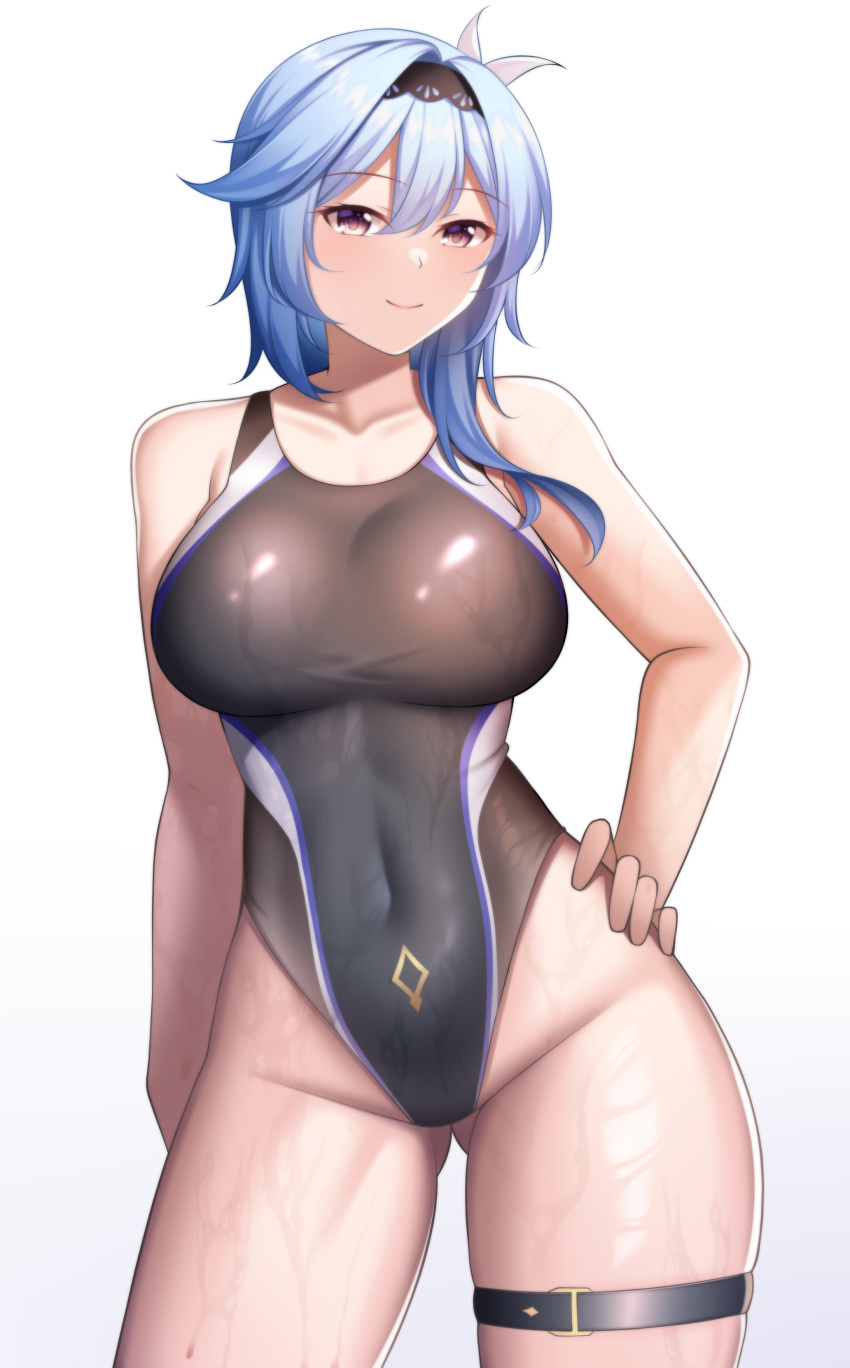 1girl, absurdres, ass_visible_through_thighs, bare_arms, bare_shoulders, black_swimsuit, blue_hair, breasts