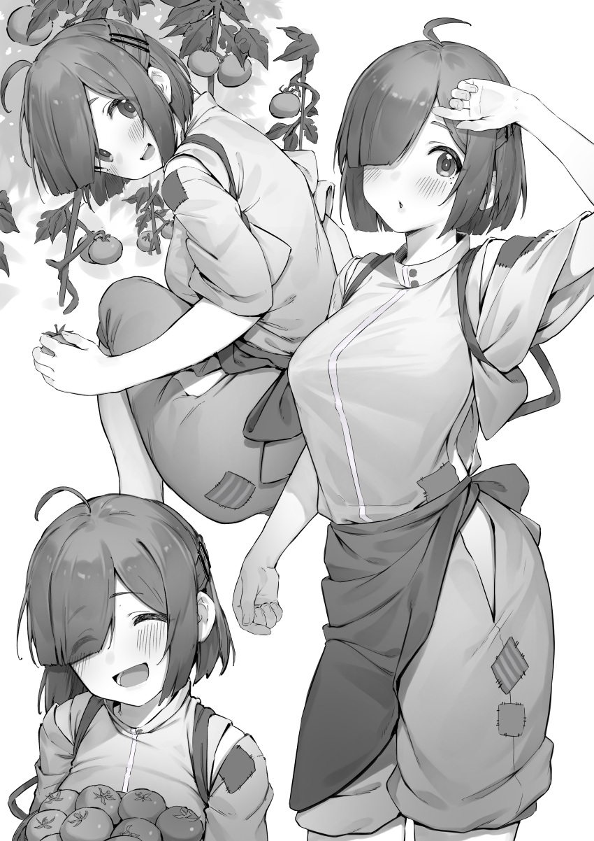 1girl, :d, absurdres, ahoge, apron, blush, breasts, closed_eyes