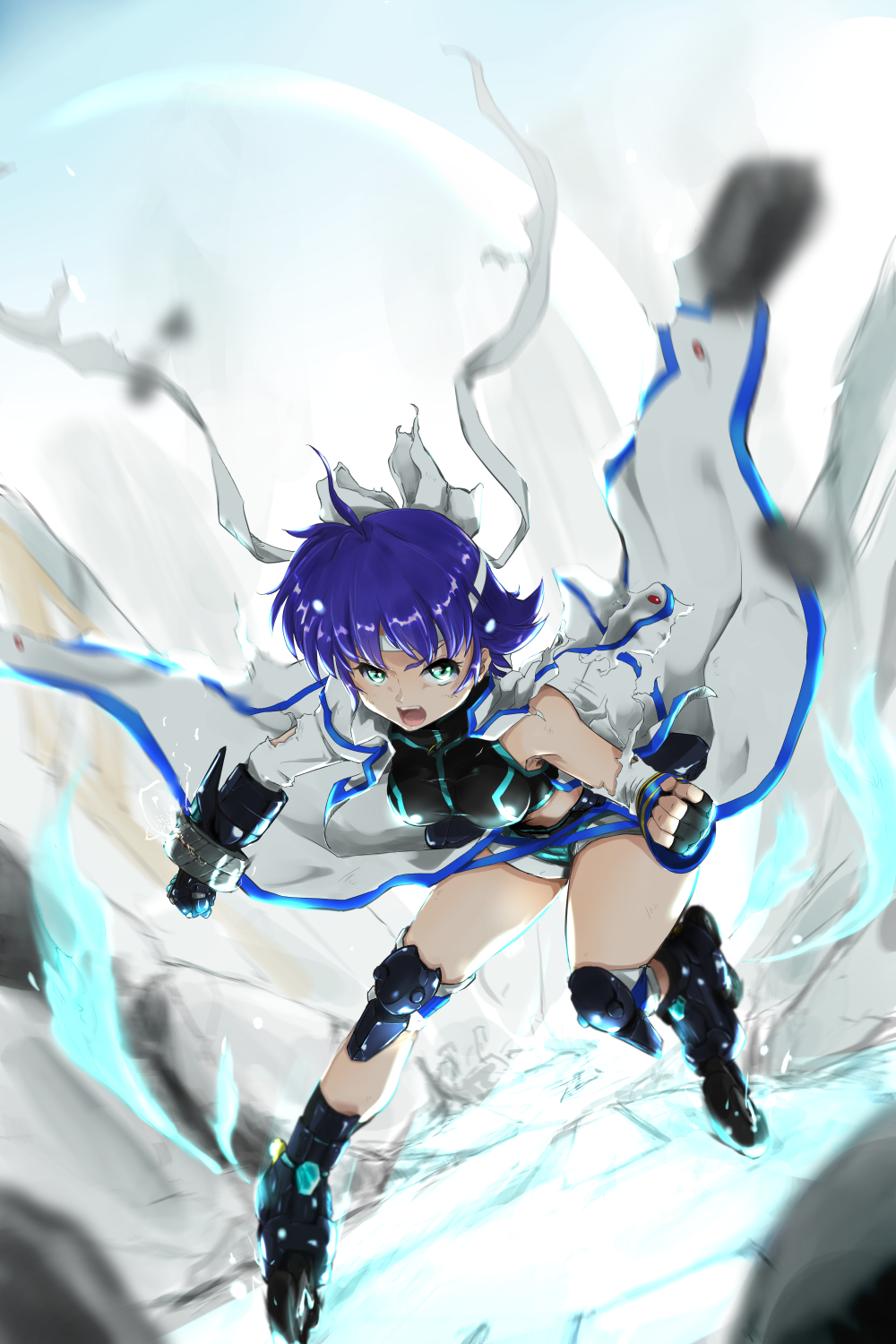 1girl, ban_(777purin), blue_hair, blue_shorts, breasts, denim, denim_shorts, fingerless_gloves