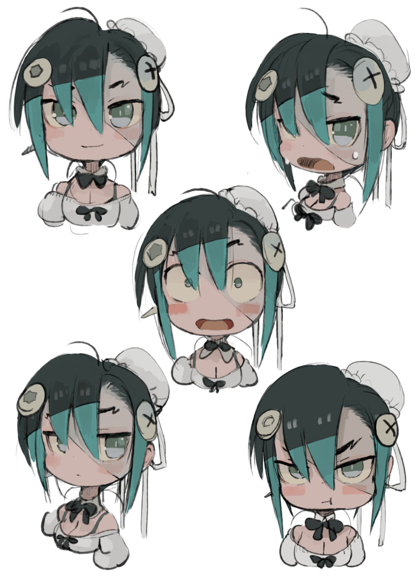 1girl, :t, bibi-chan_(ebimomo), black_bow, black_neckwear, bow, bowtie, bun_cover, chibi, closed_mouth, ebimomo, expressions, green_hair, hair_between_eyes, hair_bun, highres, looking_at_viewer, multiple_views, open_mouth, original, pout, simple_background, smile, smug, sweat, white_background, wide-eyed