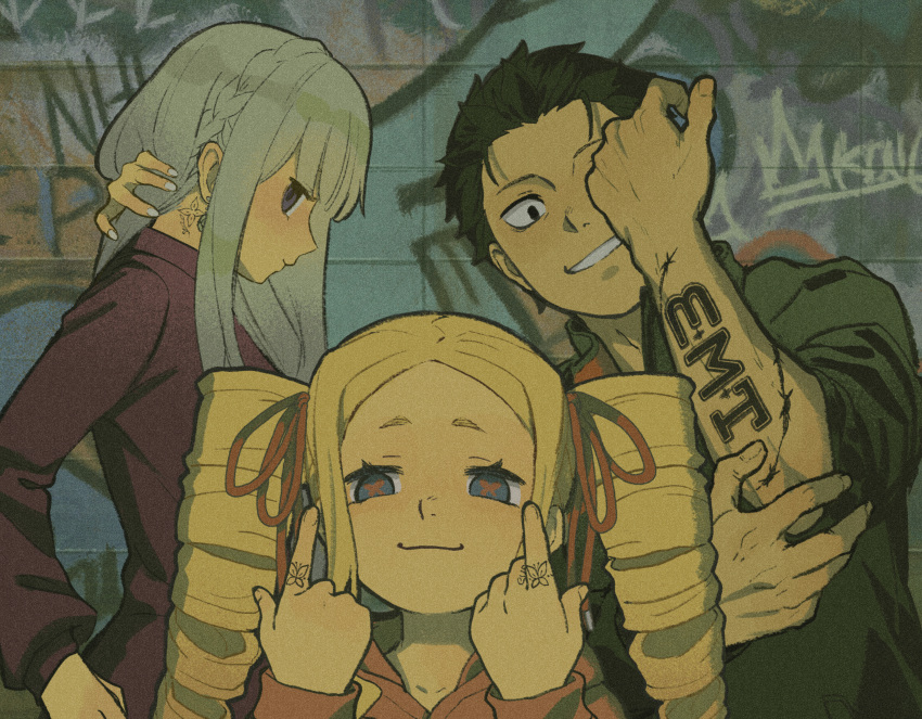1boy, 2girls, adjusting_sleeves, alternate_costume, arm_tattoo, beatrice_(re:zero), blonde_hair, blue_eyes