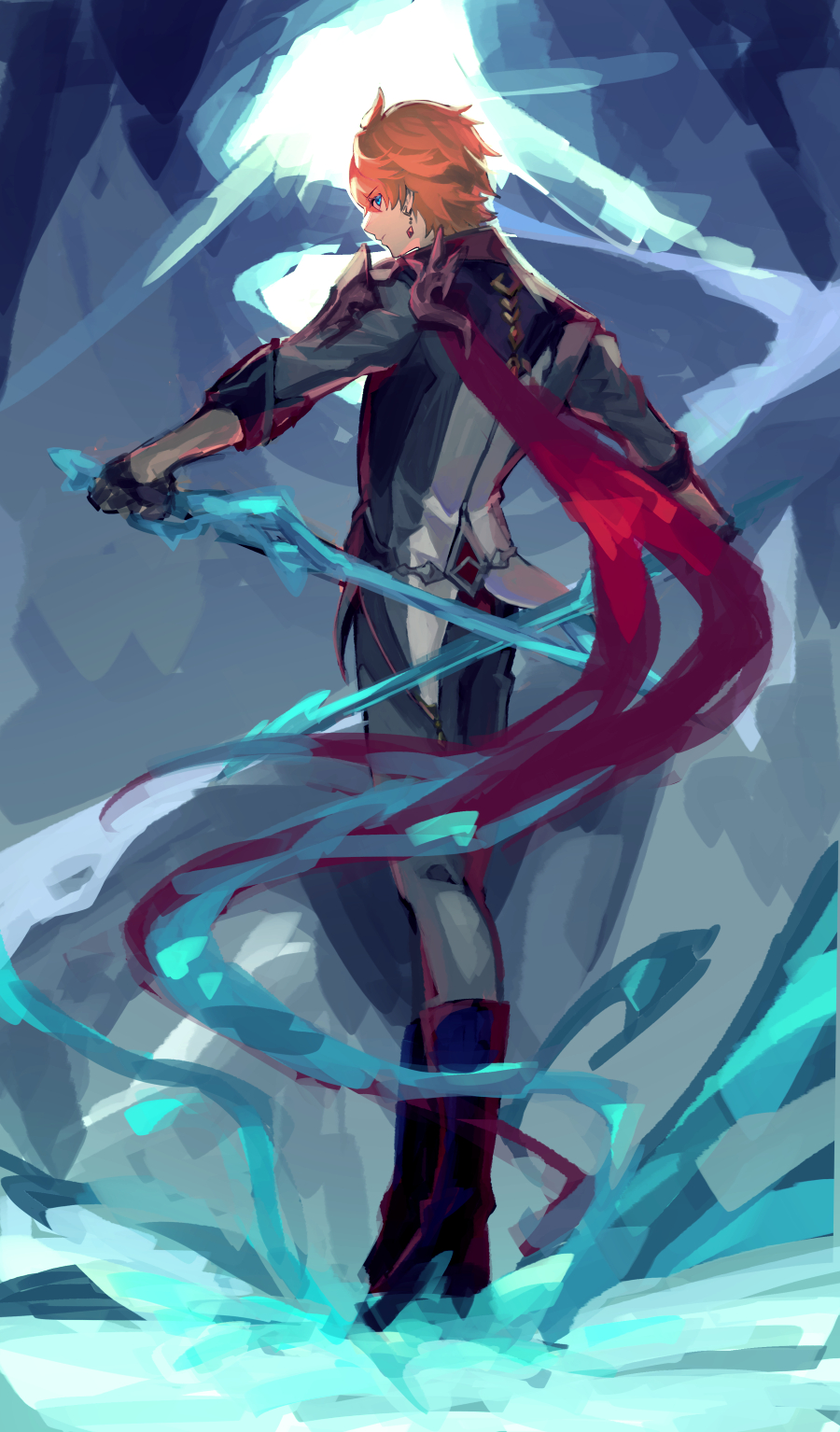 1boy, bangs, black_gloves, blue_eyes, boots, closed_mouth, dual_wielding, from_behind