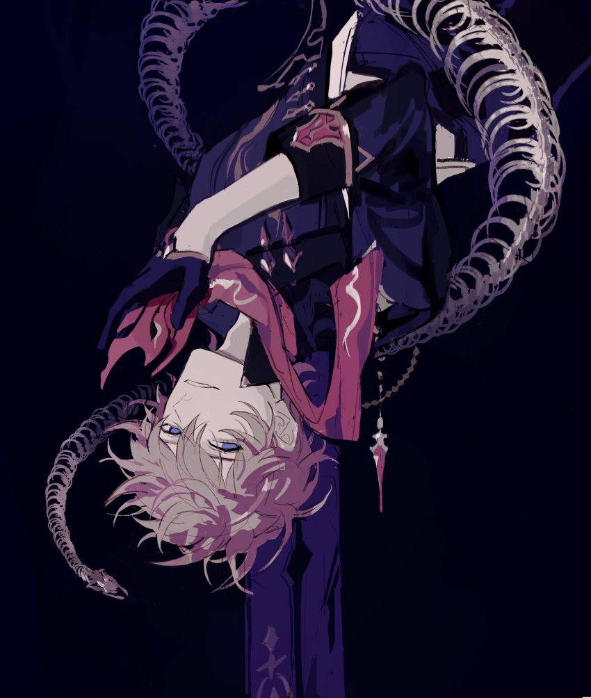 1boy, bangs, black_background, black_gloves, blue_eyes, bone, dmbjia, genshin_impact, gloves, hair_between_eyes, highres, holding, holding_mask, jacket, male_focus, mask, scarf, simple_background, solo, tartaglia_(genshin_impact), upside-down