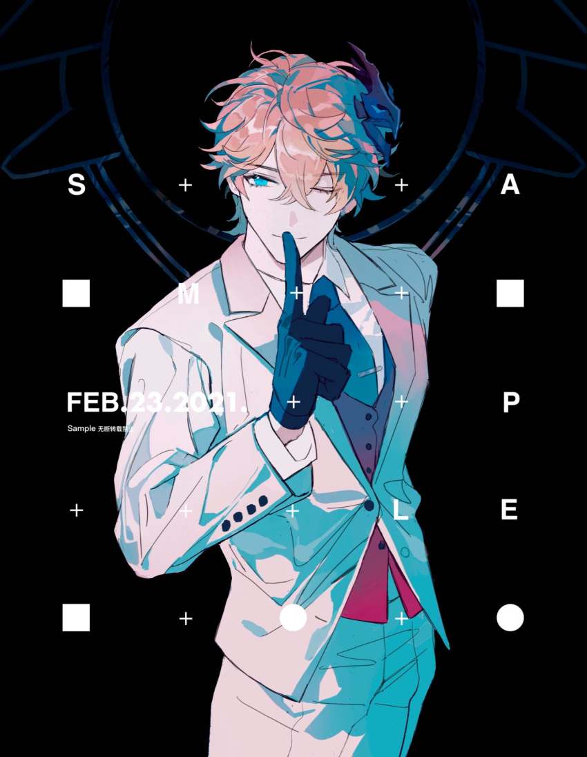1boy, alternate_costume, arm_behind_back, bangs, black_background, black_gloves, blue_eyes, dated